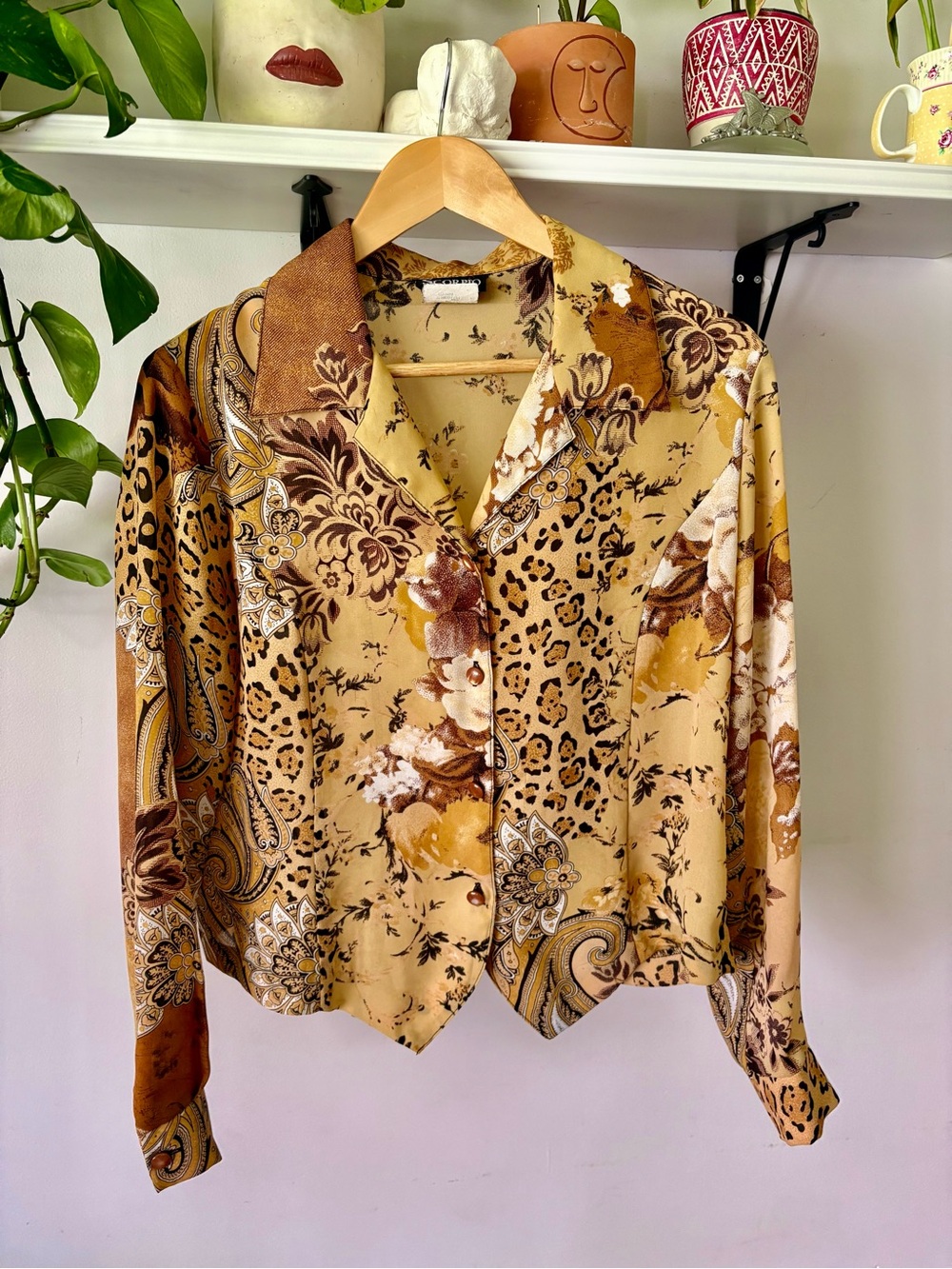 Vintage-Inspired Floral Paisley Button-Up Blouse in Mustard